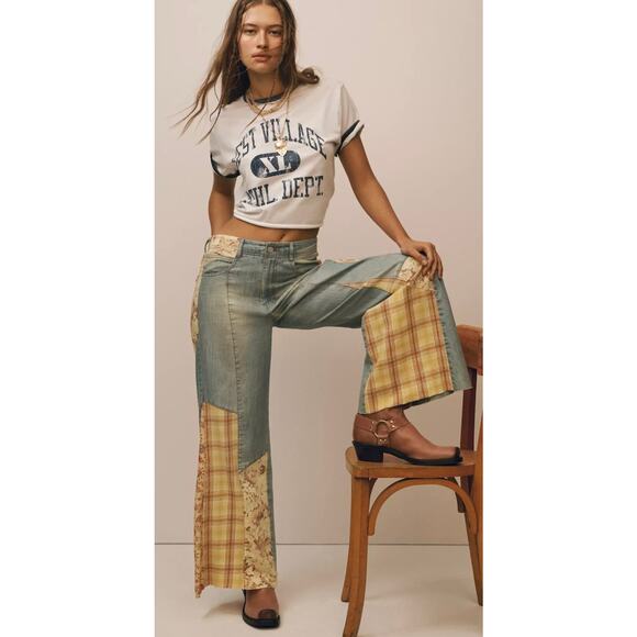 Pilcro Anthropologie The Adi Mid Rise Patchwork Jeans, Size 28 Boho $178 - Picture 1 of 8